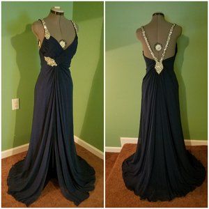 Faviana Couture Navy Rhinestone & Crystal Gown S M